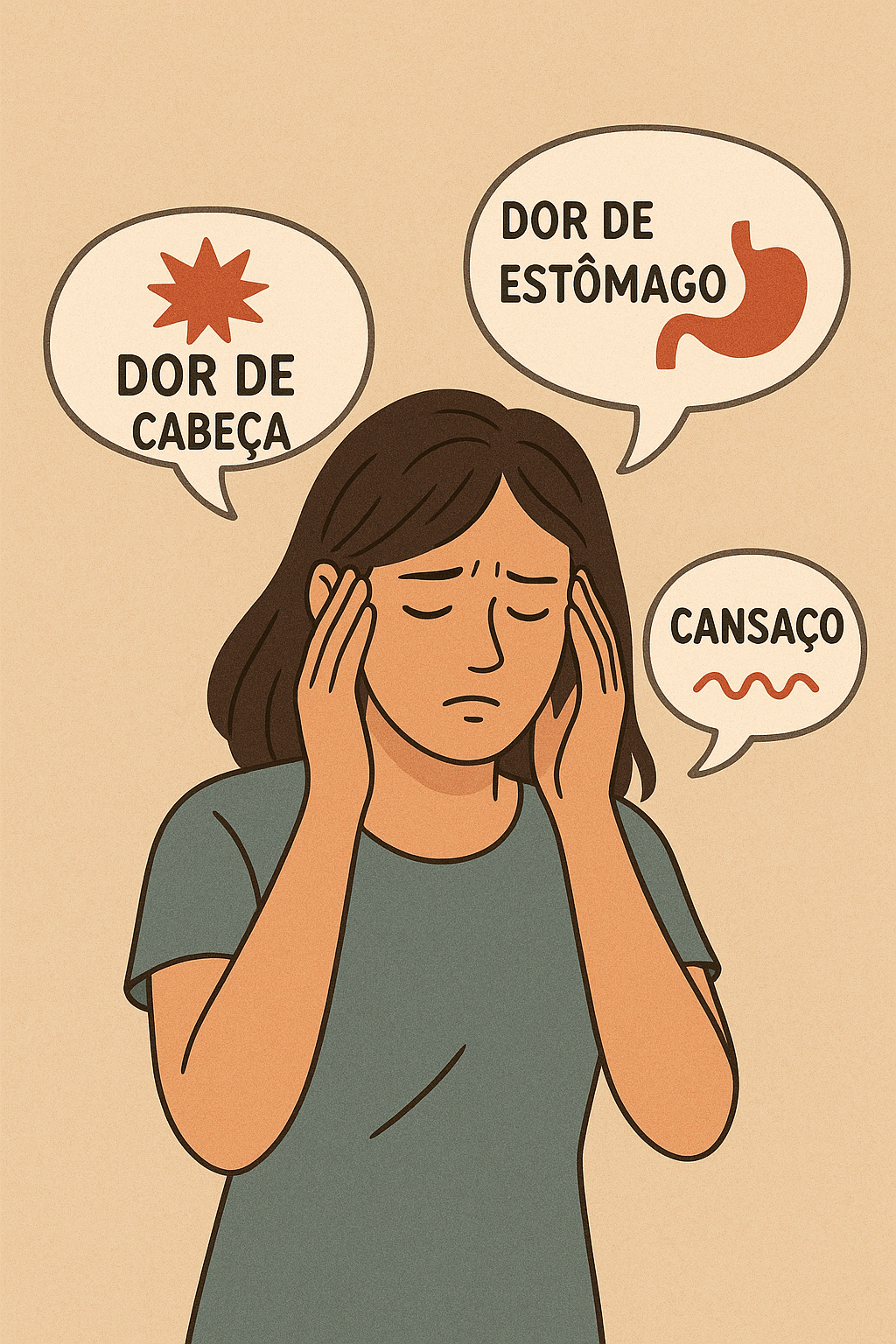Uma mulher com sintomas de dor de cabeça, dor de estômago e cansaço